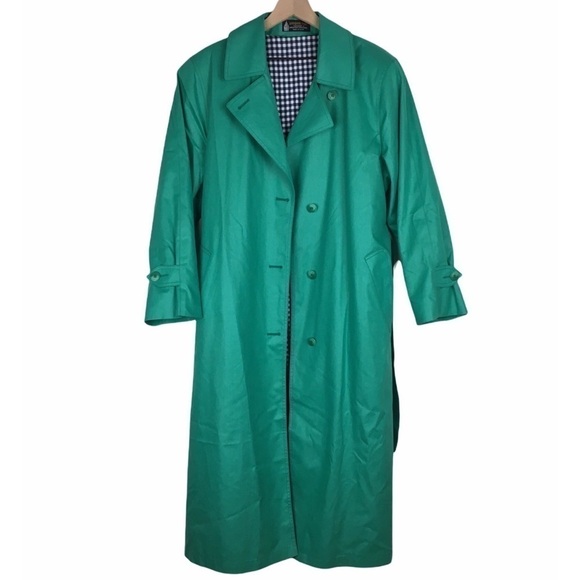 LONDON FOG Trench Coat Classic Gingham Lining Green Navy Petite Plus Size 14P - Picture 3 of 10